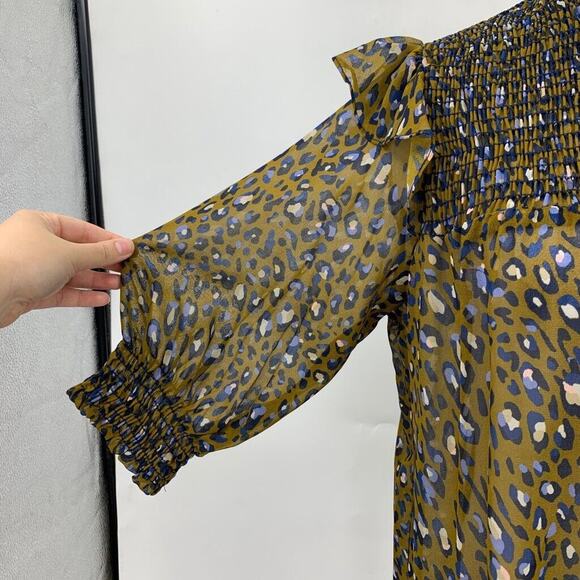 Cotton Chicks Blouse Womens S Small Multi Semi Sheer Smocked Puff Sleeve Leopard - Picture 4 of 14